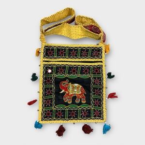 Boho Elephant Embroidered Crossbody Bag Festival Shoulder Purse Tassel Trim